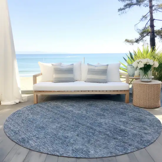 8' Blue And Ivory Round Floral Washable Indoor Outdoor Area Rug Photo 6