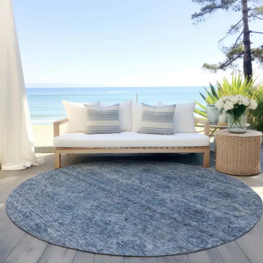 8' Blue And Ivory Round Floral Washable Indoor Outdoor Area Rug Photo 6