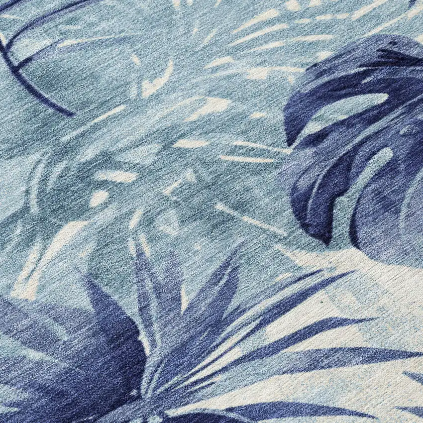 8' Blue And Ivory Round Floral Washable Indoor Outdoor Area Rug Photo 8