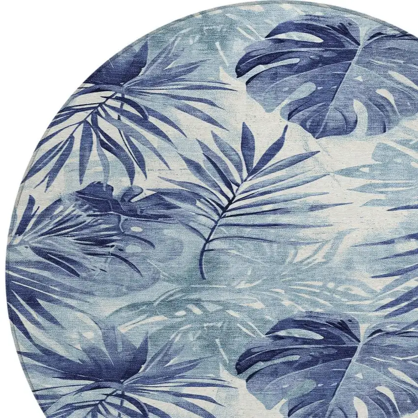 8' Blue And Ivory Round Floral Washable Indoor Outdoor Area Rug Photo 4