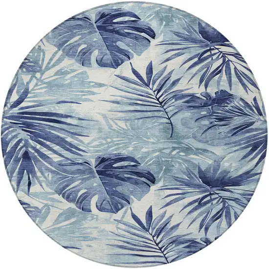 8' Blue And Ivory Round Floral Washable Indoor Outdoor Area Rug Photo 3