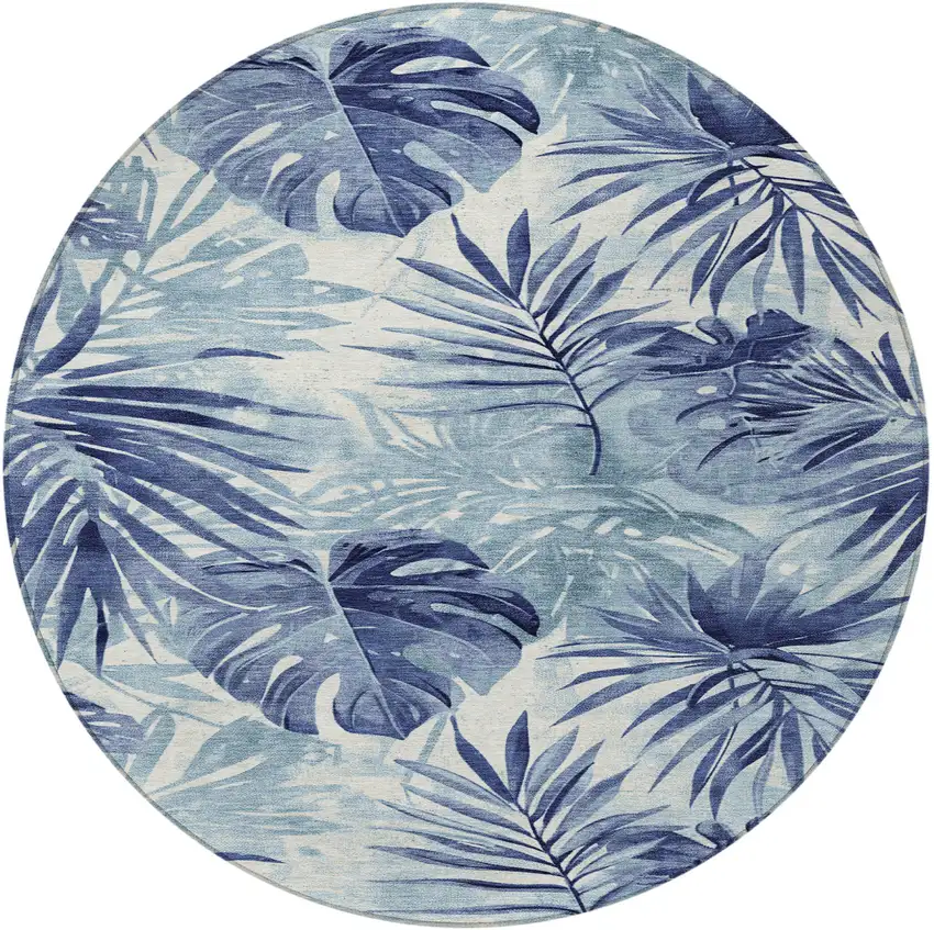 8' Blue And Ivory Round Floral Washable Indoor Outdoor Area Rug Photo 3