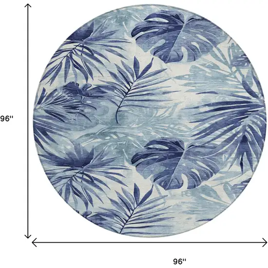 8' Blue And Ivory Round Floral Washable Indoor Outdoor Area Rug Photo 9