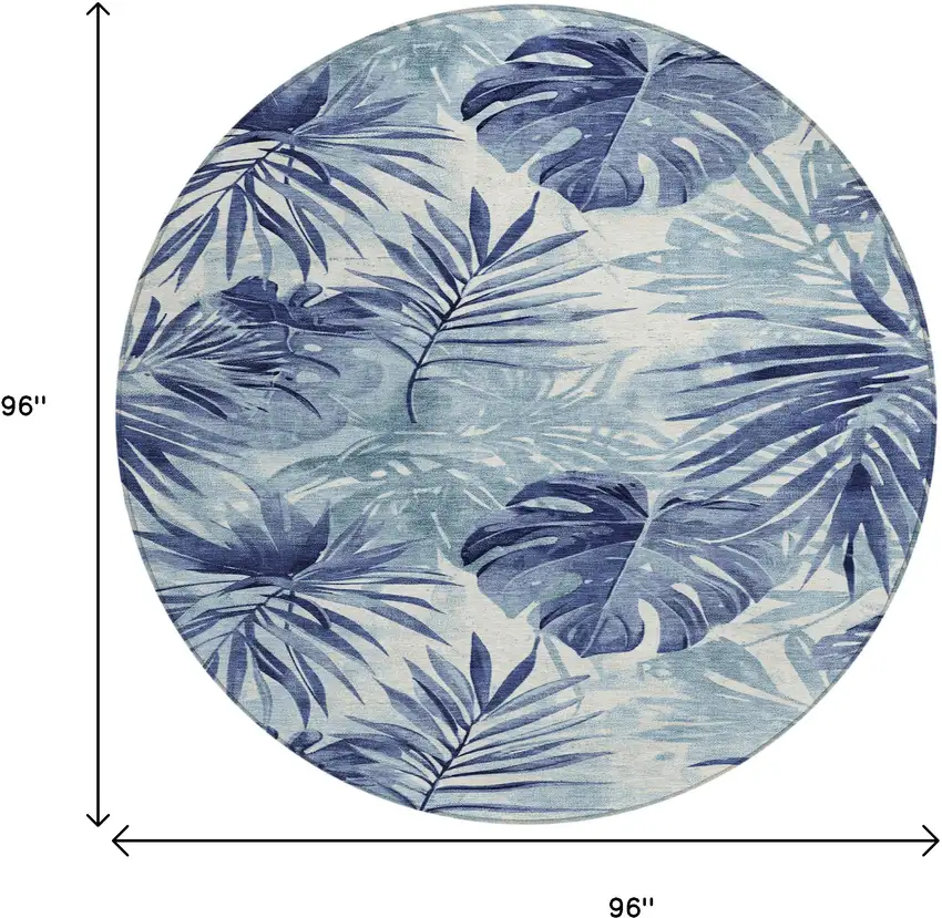 8' Blue And Ivory Round Floral Washable Indoor Outdoor Area Rug Photo 9
