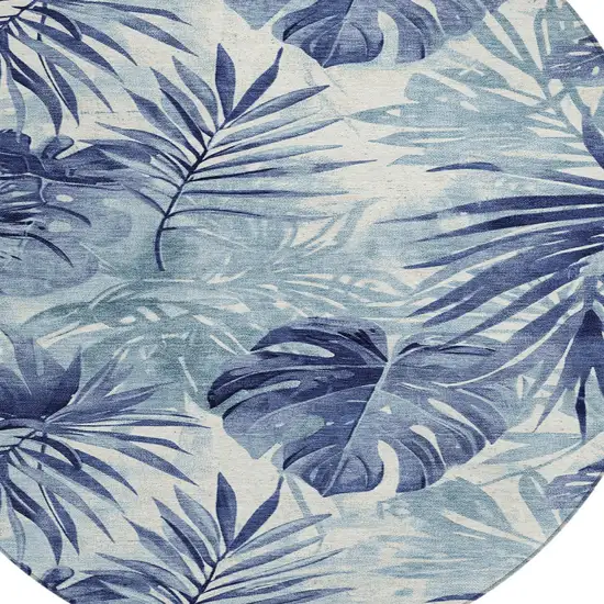8' Blue And Ivory Round Floral Washable Indoor Outdoor Area Rug Photo 9