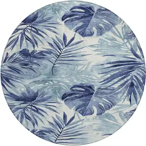 Photo of 8' Blue And Ivory Round Floral Washable Indoor Outdoor Area Rug