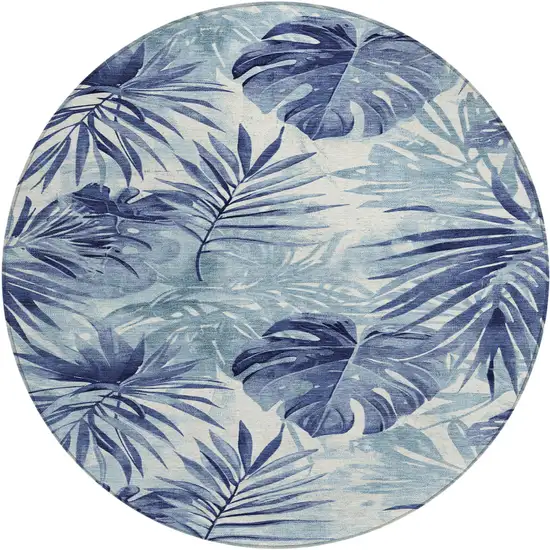 8' Blue And Ivory Round Floral Washable Indoor Outdoor Area Rug Photo 1