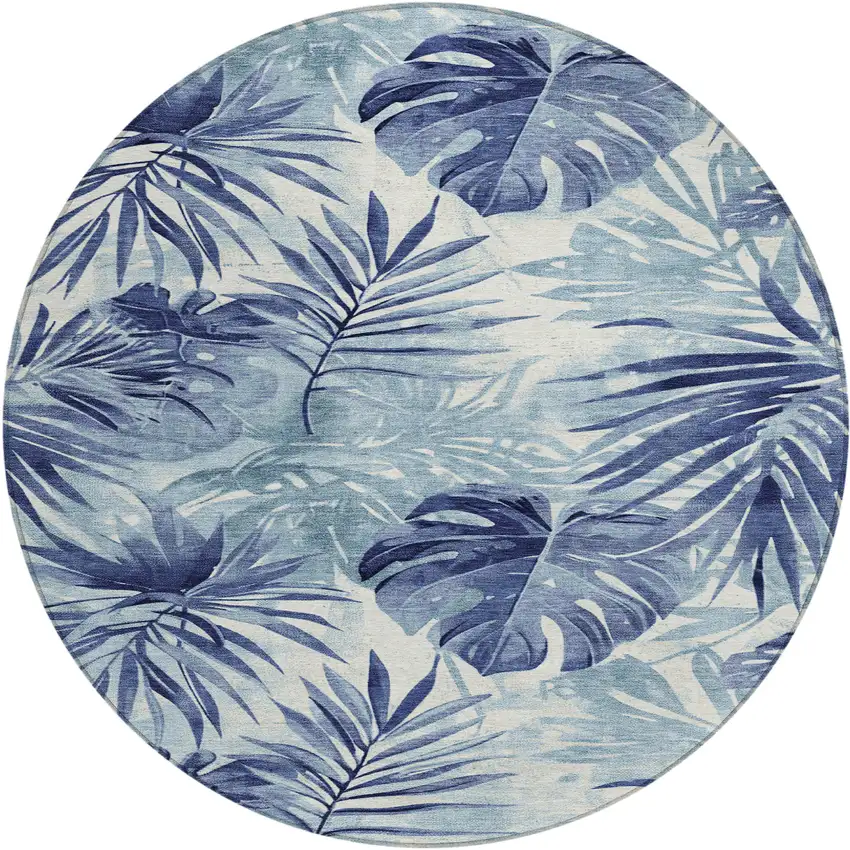 8' Blue And Ivory Round Floral Washable Indoor Outdoor Area Rug Photo 1
