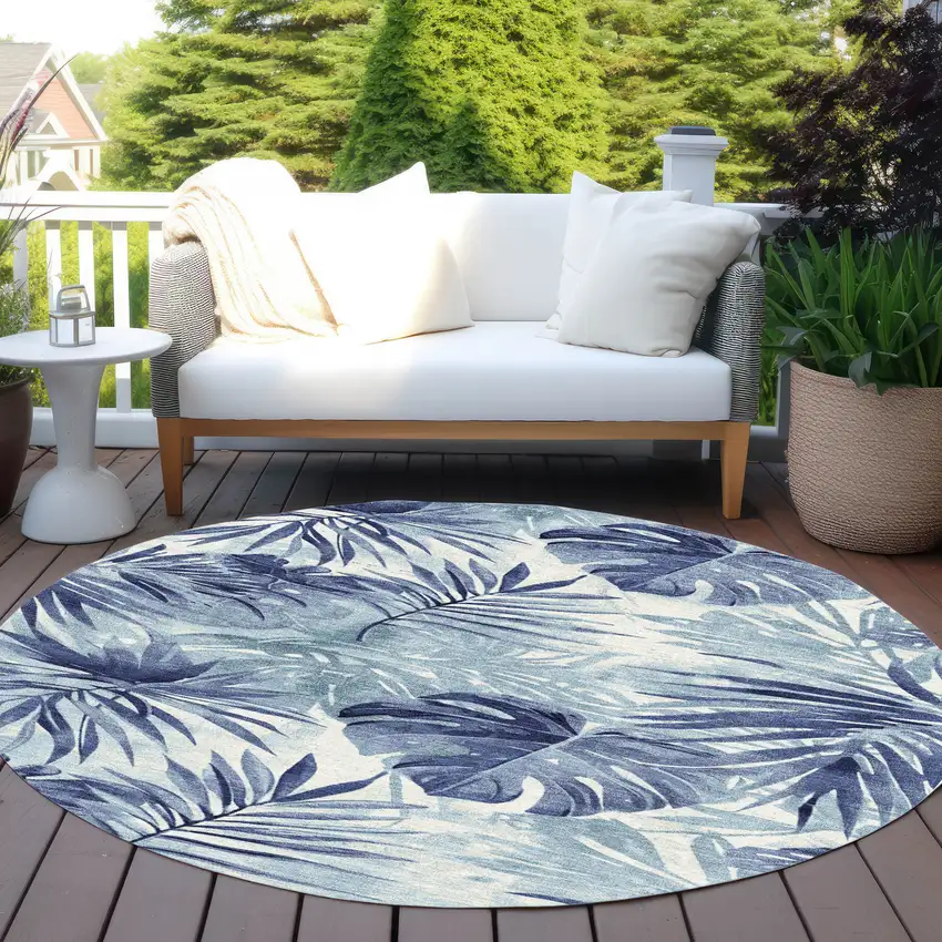 8' Blue And Ivory Round Floral Washable Indoor Outdoor Area Rug Photo 5