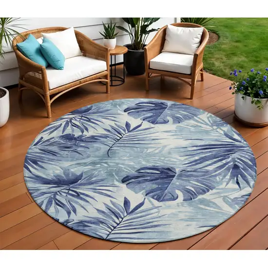 8' Blue And Ivory Round Floral Washable Indoor Outdoor Area Rug Photo 2