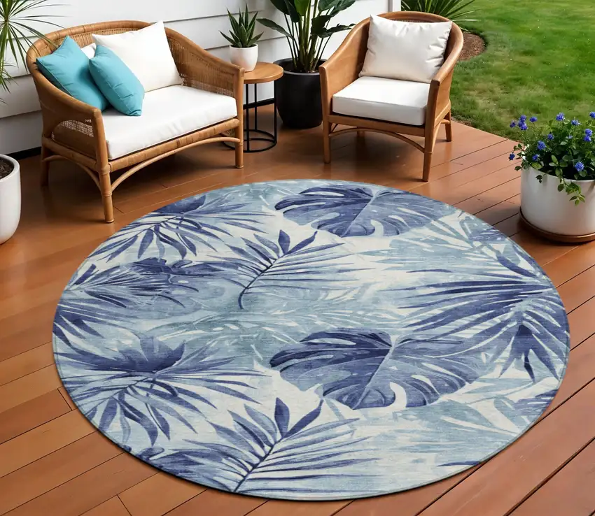 8' Blue And Ivory Round Floral Washable Indoor Outdoor Area Rug Photo 2