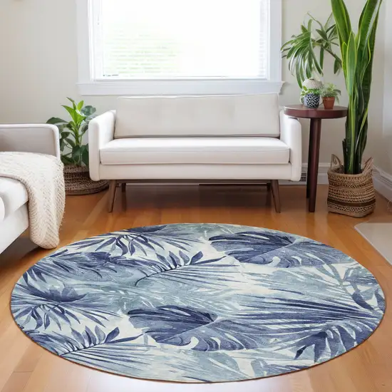 8' Blue And Ivory Round Floral Washable Indoor Outdoor Area Rug Photo 6