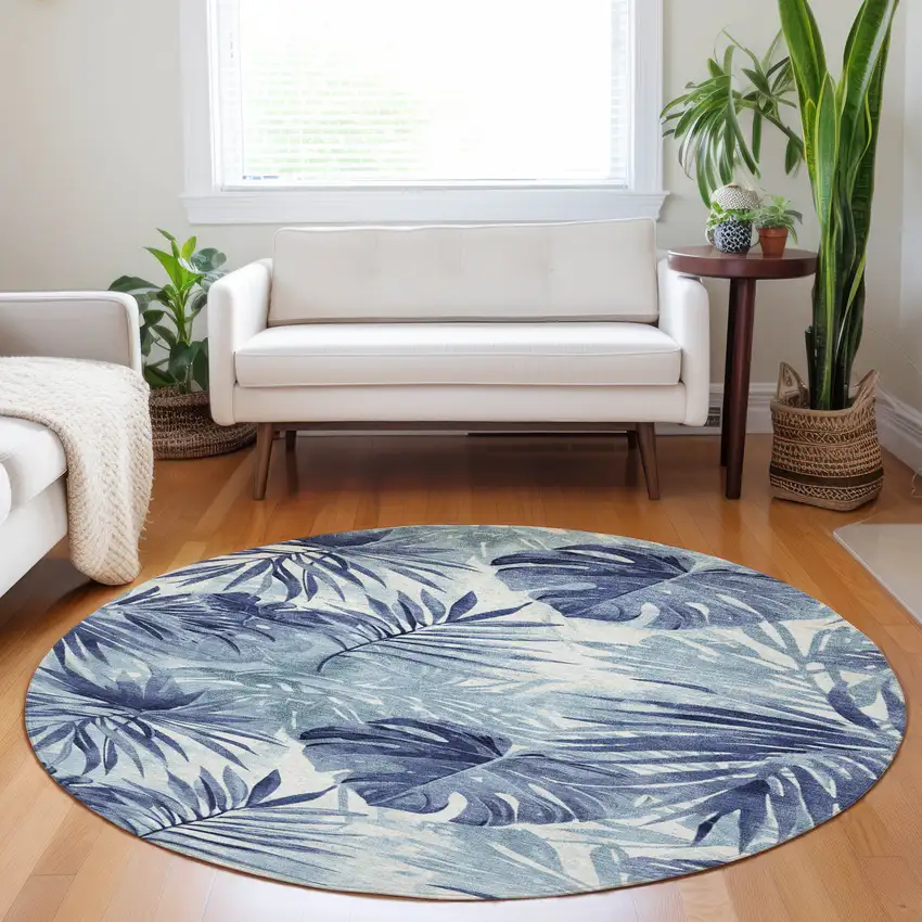 8' Blue And Ivory Round Floral Washable Indoor Outdoor Area Rug Photo 6