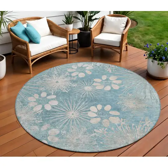 8' Blue And Ivory Round Floral Washable Indoor Outdoor Area Rug Photo 1