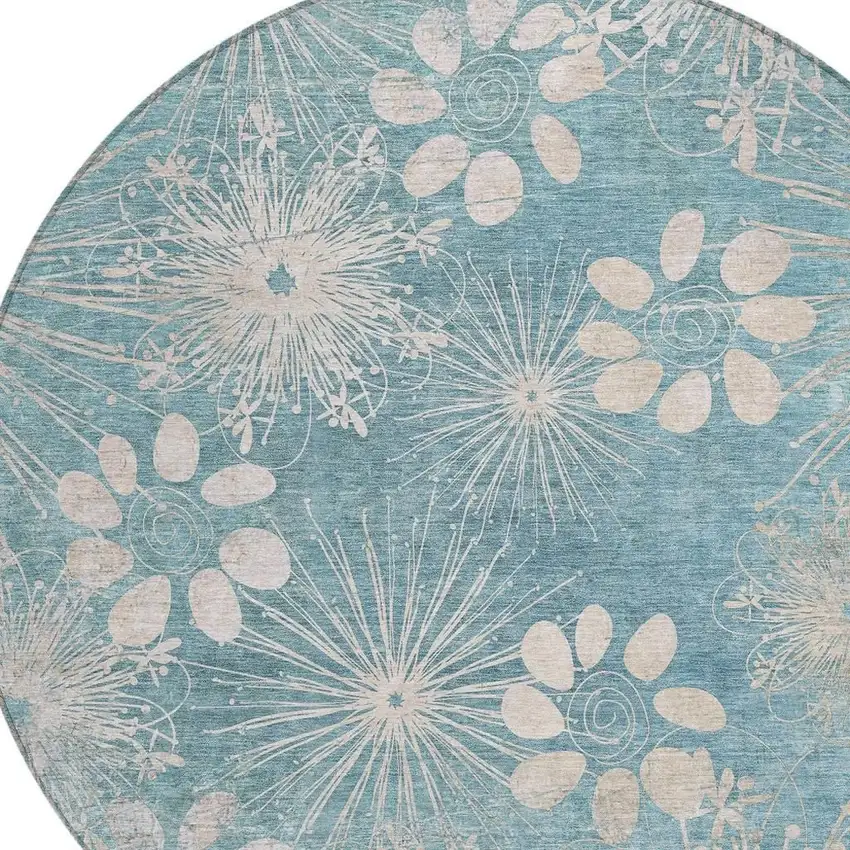 8' Blue And Ivory Round Floral Washable Indoor Outdoor Area Rug Photo 6