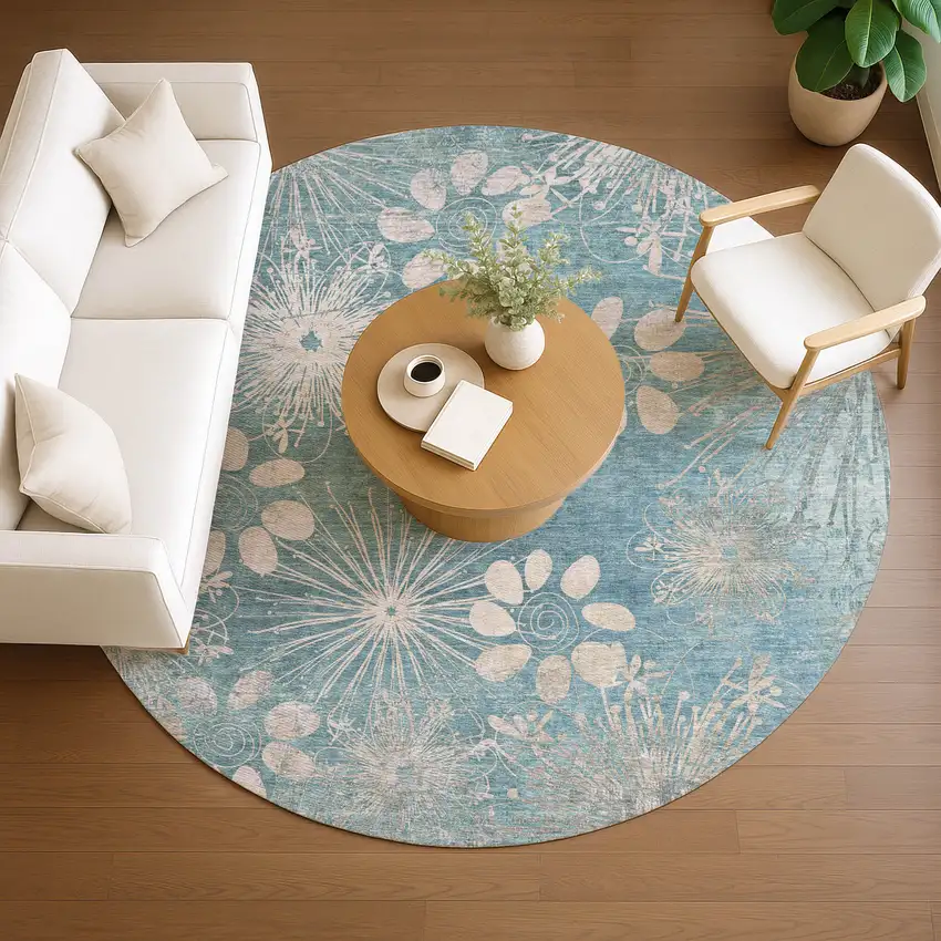 8' Blue And Ivory Round Floral Washable Indoor Outdoor Area Rug Photo 9