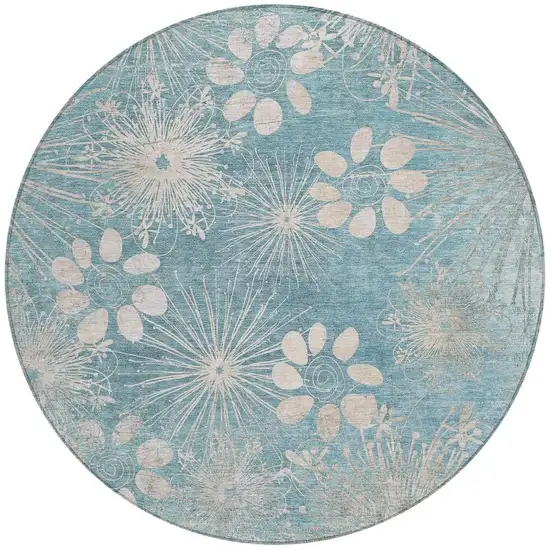 8' Blue And Ivory Round Floral Washable Indoor Outdoor Area Rug Photo 4