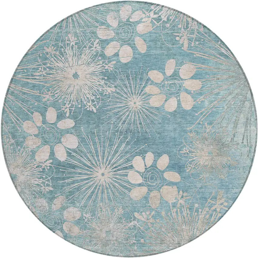 8' Blue And Ivory Round Floral Washable Indoor Outdoor Area Rug Photo 2