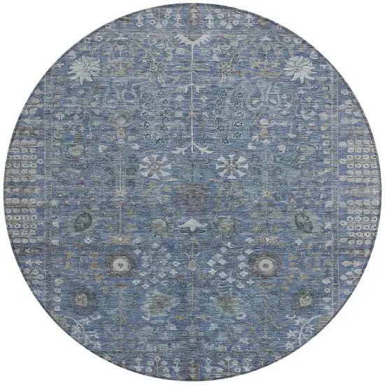8' Blue And Ivory Round Floral Washable Indoor Outdoor Area Rug Photo 4