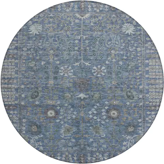 8' Blue And Ivory Round Floral Washable Indoor Outdoor Area Rug Photo 2