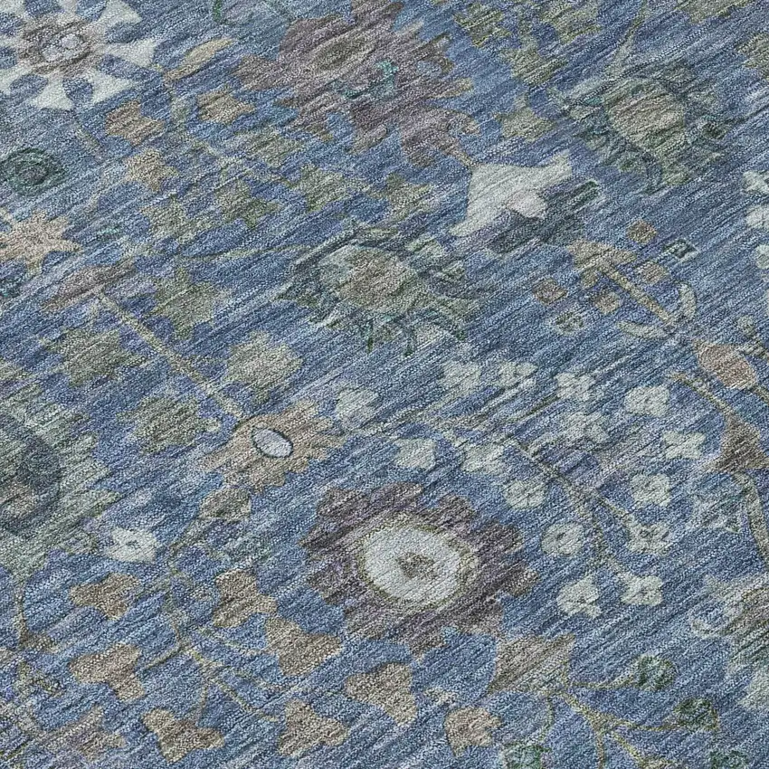 8' Blue And Ivory Round Floral Washable Indoor Outdoor Area Rug Photo 6