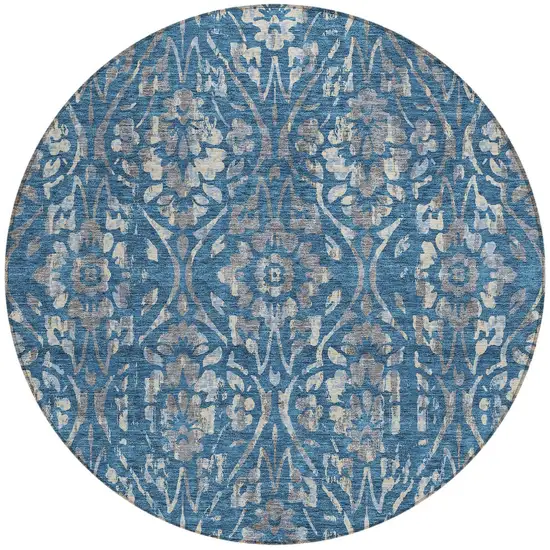 8' Blue And Ivory Round Floral Washable Indoor Outdoor Area Rug Photo 5