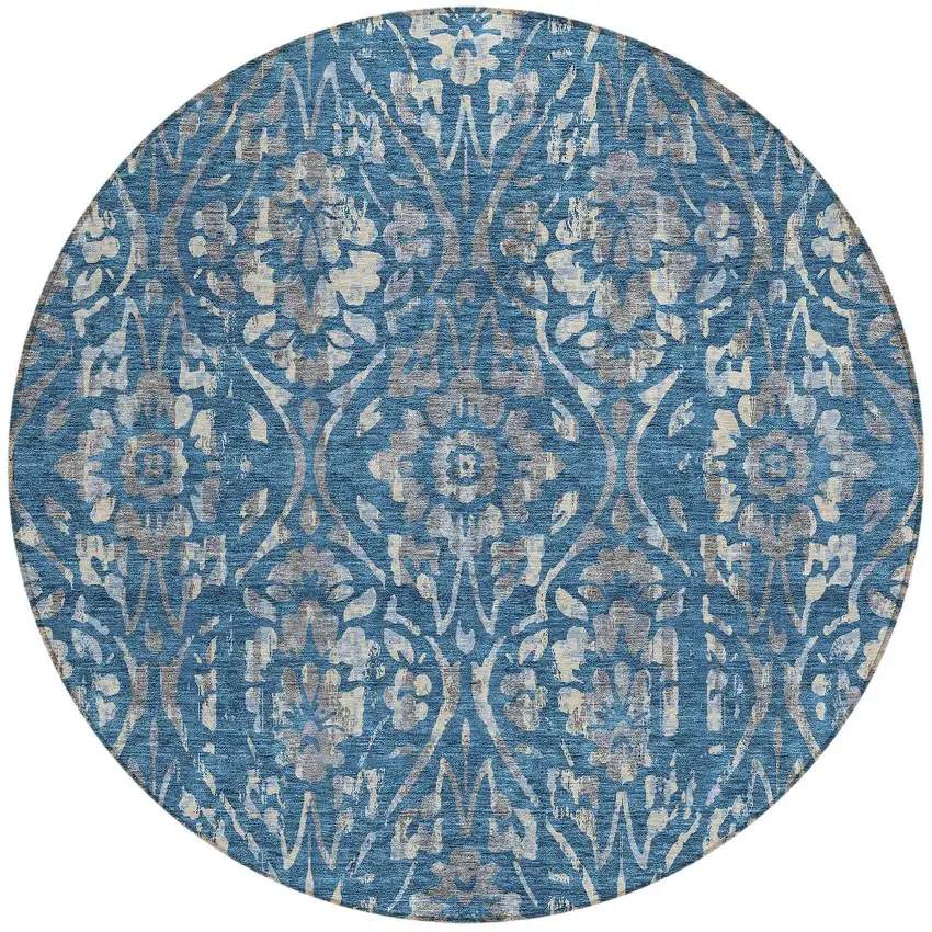 8' Blue And Ivory Round Floral Washable Indoor Outdoor Area Rug Photo 5