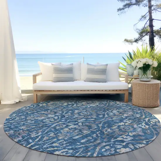 8' Blue And Ivory Round Floral Washable Indoor Outdoor Area Rug Photo 6