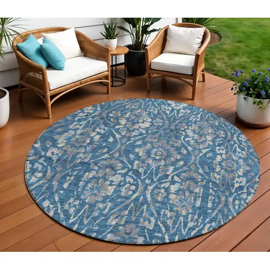 8' Blue And Ivory Round Floral Washable Indoor Outdoor Area Rug Photo 1
