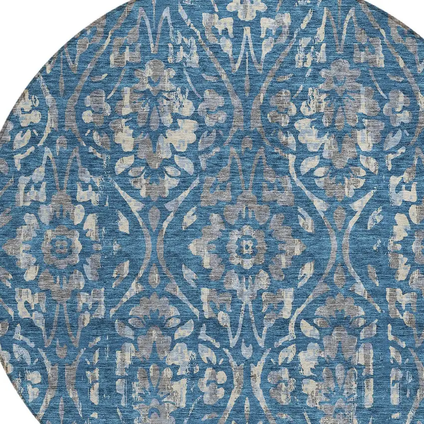 8' Blue And Ivory Round Floral Washable Indoor Outdoor Area Rug Photo 4