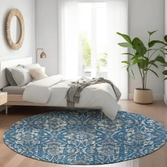 8' Blue And Ivory Round Floral Washable Indoor Outdoor Area Rug Photo 7