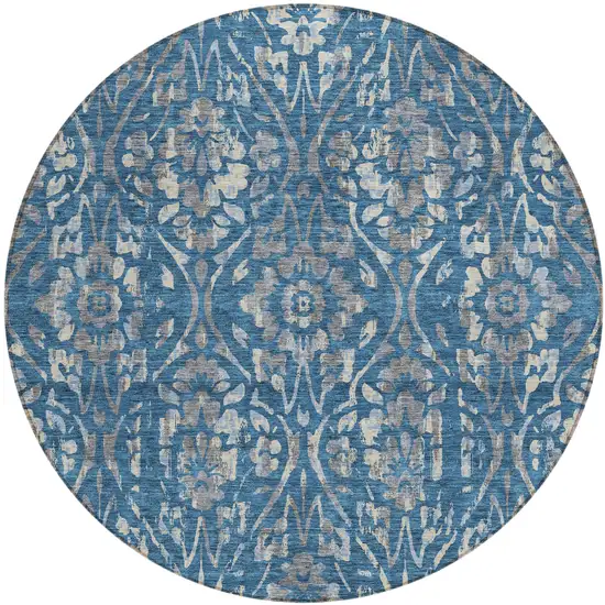 8' Blue And Ivory Round Floral Washable Indoor Outdoor Area Rug Photo 2