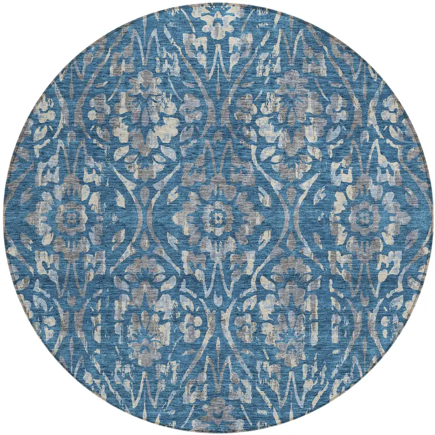8' Blue And Ivory Round Floral Washable Indoor Outdoor Area Rug Photo 2