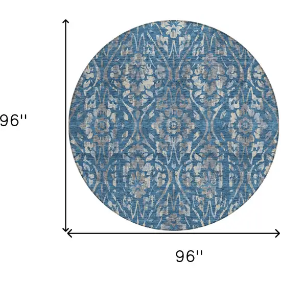 8' Blue And Ivory Round Floral Washable Indoor Outdoor Area Rug Photo 3
