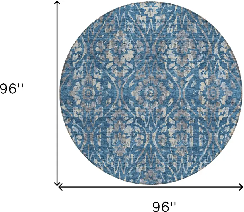 8' Blue And Ivory Round Floral Washable Indoor Outdoor Area Rug Photo 3