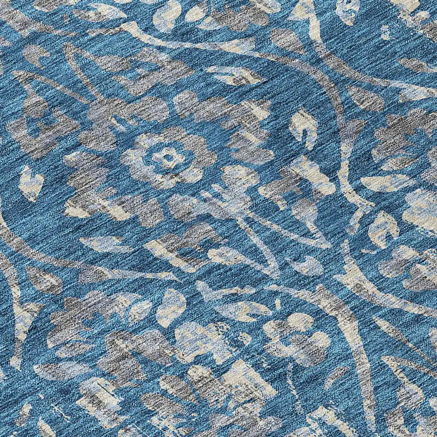 8' Blue And Ivory Round Floral Washable Indoor Outdoor Area Rug Photo 8