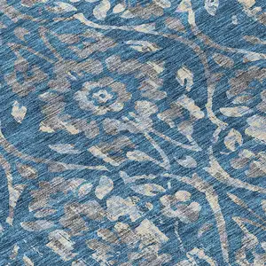 Photo of 8' Blue And Ivory Round Floral Washable Indoor Outdoor Area Rug