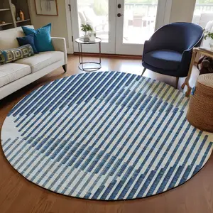 Photo of 8' Blue And Ivory Round Geometric Washable Indoor Outdoor Area Rug