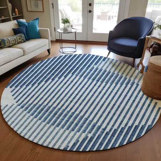 8' Blue And Ivory Round Geometric Washable Indoor Outdoor Area Rug Photo 7