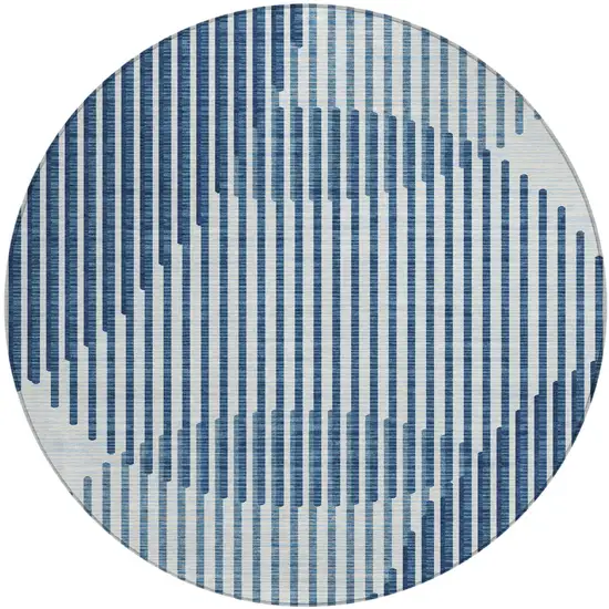 8' Blue And Ivory Round Geometric Washable Indoor Outdoor Area Rug Photo 2