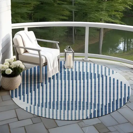 8' Blue And Ivory Round Geometric Washable Indoor Outdoor Area Rug Photo 6