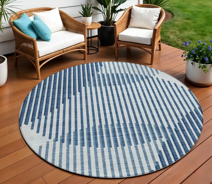 8' Blue And Ivory Round Geometric Washable Indoor Outdoor Area Rug Photo 1