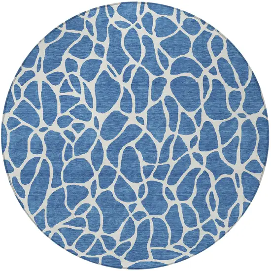 8' Blue And Ivory Round Geometric Washable Indoor Outdoor Area Rug Photo 4