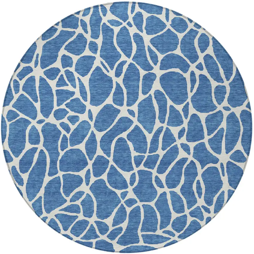 8' Blue And Ivory Round Geometric Washable Indoor Outdoor Area Rug Photo 4