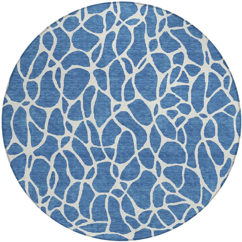 8' Blue And Ivory Round Geometric Washable Indoor Outdoor Area Rug Photo 2