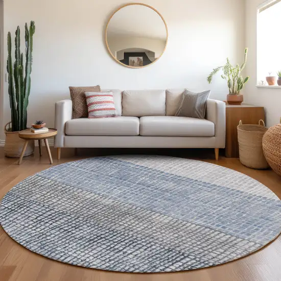 8' Blue And Ivory Round Geometric Washable Indoor Outdoor Area Rug Photo 6