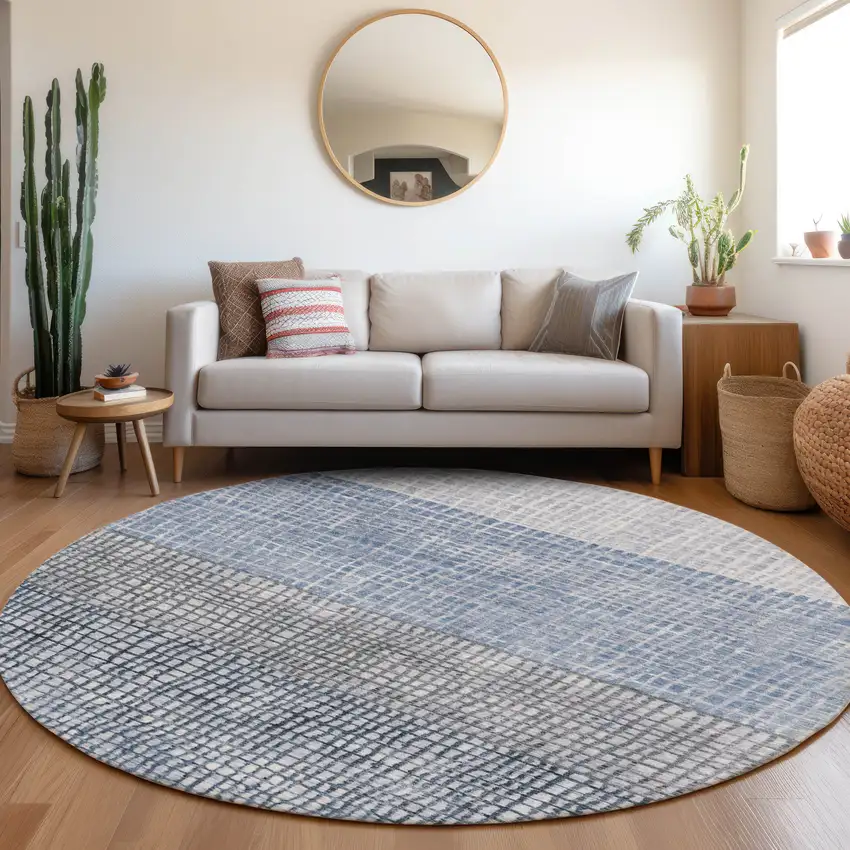 8' Blue And Ivory Round Geometric Washable Indoor Outdoor Area Rug Photo 6