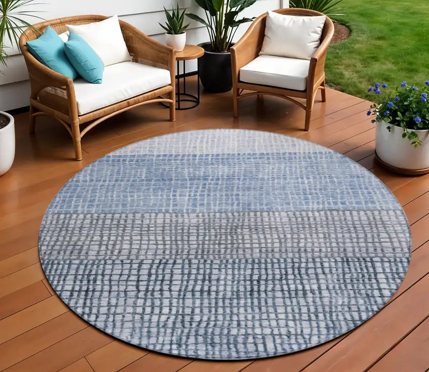 8' Blue And Ivory Round Geometric Washable Indoor Outdoor Area Rug Photo 2