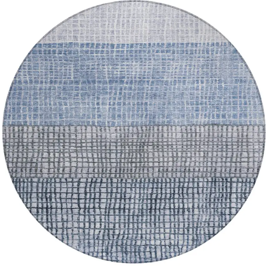 8' Blue And Ivory Round Geometric Washable Indoor Outdoor Area Rug Photo 3