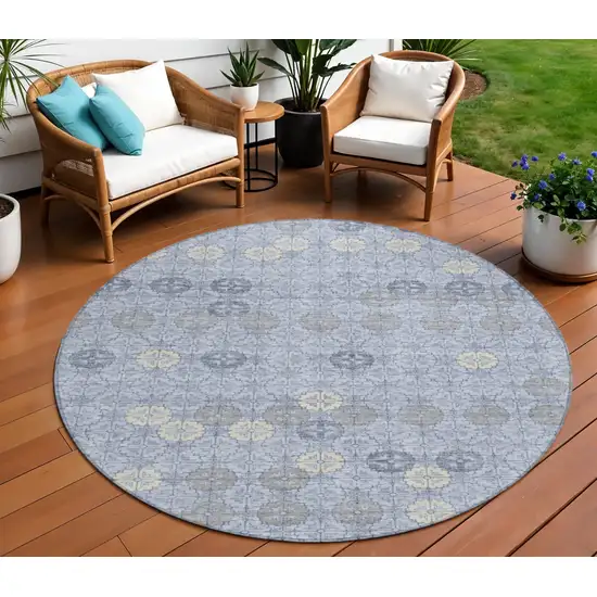 8' Blue And Ivory Round Geometric Washable Indoor Outdoor Area Rug Photo 2